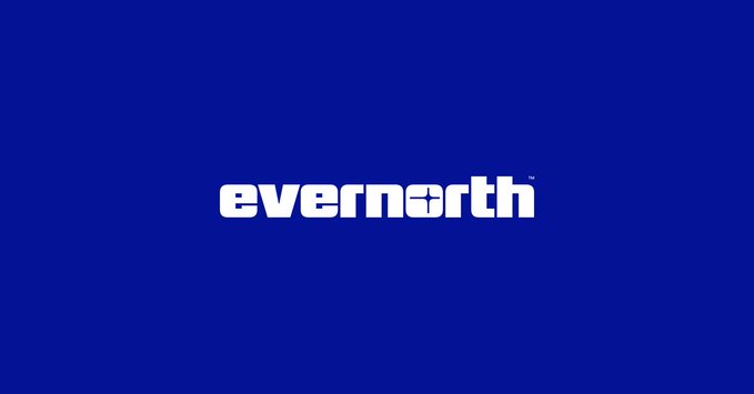 The image displays the white "evernorth" logo (with a trademark symbol) centered on a solid dark blue background. It serves as the brand visual accompanying the update about Evernorth's progress toward its proposed Nasdaq listing.
