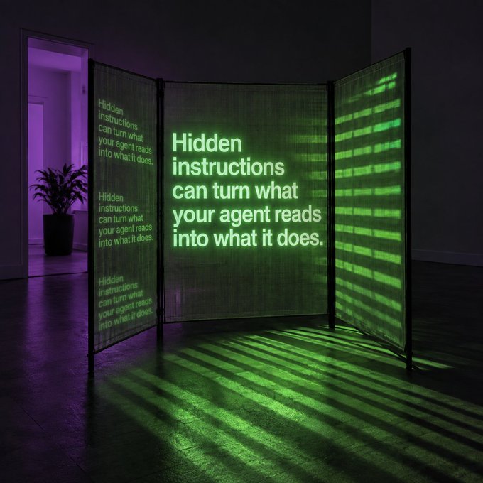 A glowing green projection display in a dark room displays the message "Hidden instructions can turn what your agent reads into what it does," visually illustrating the post's warning about prompt injection attacks where malicious inputs can hijack an AI agent's behavior, reinforcing the need for hardware-level security and user-controlled devices to maintain final authority.