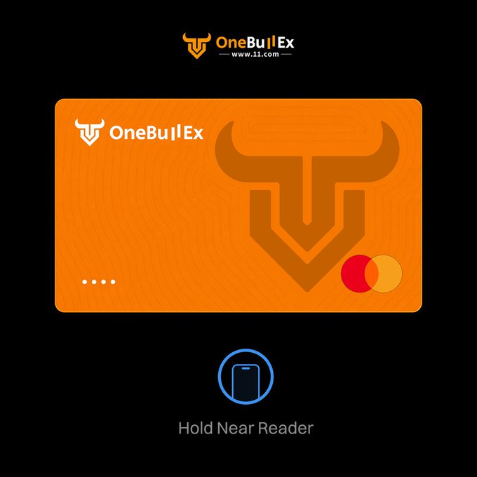 A promotional image for the 'OneBullEx' card (www.1l.com) with an orange bull logo, Mastercard logo, and instructions to 'Hold Near Reader' using NFC technology.