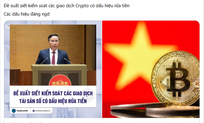 News graphic in Vietnamese about Vietnam's proposal to control crypto transactions showing signs of money laundering, featuring a government official, the Vietnamese flag, and a gold Bitcoin coin.
