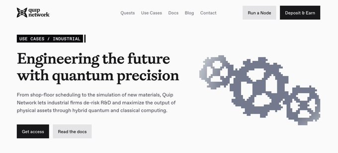 A webpage header for 'quip network' displays the heading 'Engineering the future with quantum precision' alongside a description about industrial use cases and 'Get access' and 'Read the docs' buttons.