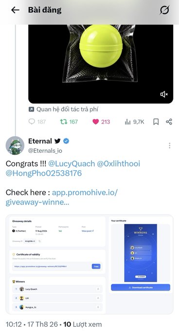 A Twitter/X post from verified account @Eternals_io congratulating three users (@LucyQuach, @0xlithooi, @HongPho02538176) on a giveaway win, featuring a yellow ball image, engagement metrics (187 replies, 167 reposts, 213 likes, 9.7K views), and a certificate of validity from PromoHive.