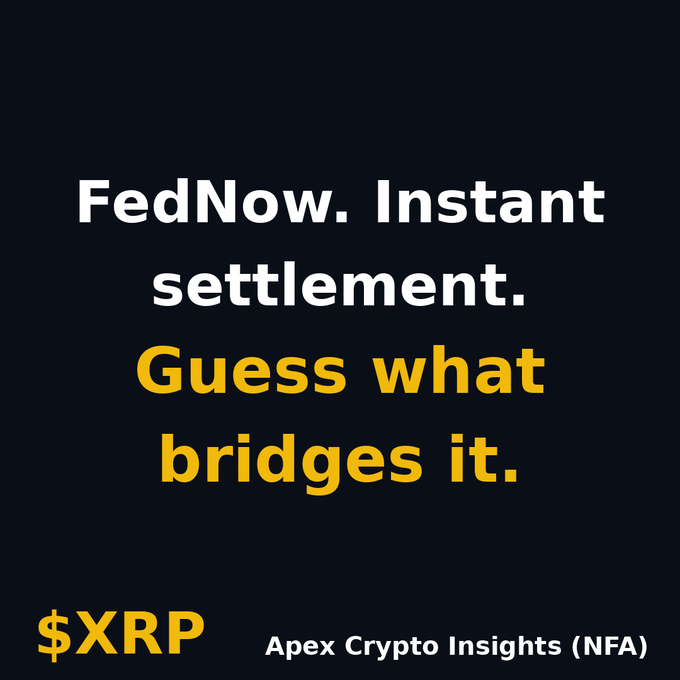 The image features a black background with white text that reads "fednow, instant settlement. Guess what bridges it". The text also includes an image of a bridge between two systems. The caption below the image states "The Fed built instant rails and keeps the DLT layer quiet. NFA - DYOR.".