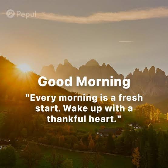 A 'Good Morning' motivational image with a quote set against a stunning sunrise over misty mountains, watermarked with Pepul.
