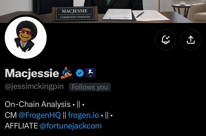 The image shows a Twitter/X profile for "Macjessie" (@jessimckingpin), a verified On-Chain Analysis Community Manager at FrogenHQ and affiliate of Fortunejack. The profile relates to the accompanying post by promoting a $15 SOL giveaway that requires following @jessimckingpin, retweeting, and dropping wallet addresses to enter.