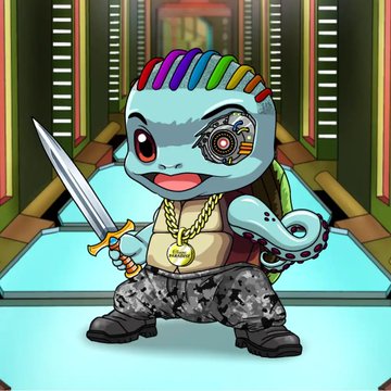 A cartoon chibi-style blue character with a rainbow mohawk, robotic eye, gold chain, holding a sword, and wearing camo pants.