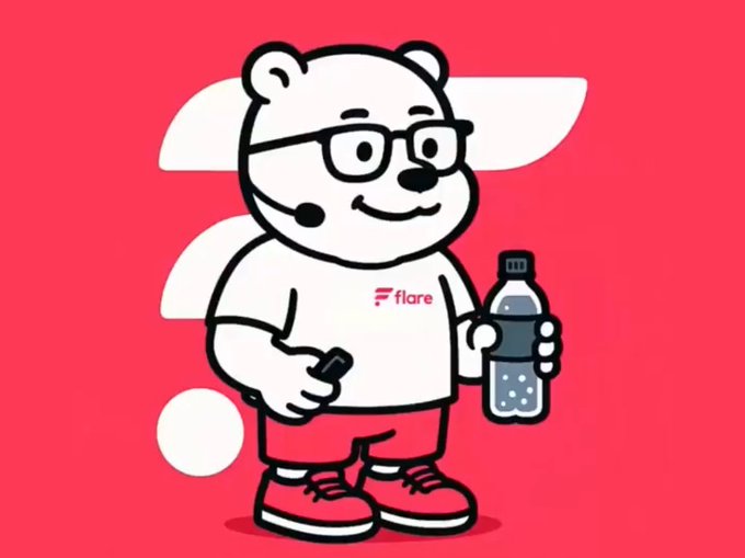 A cartoon bear mascot wearing glasses, a Flare-branded shirt, and a headset microphone holds a water bottle against a red background.