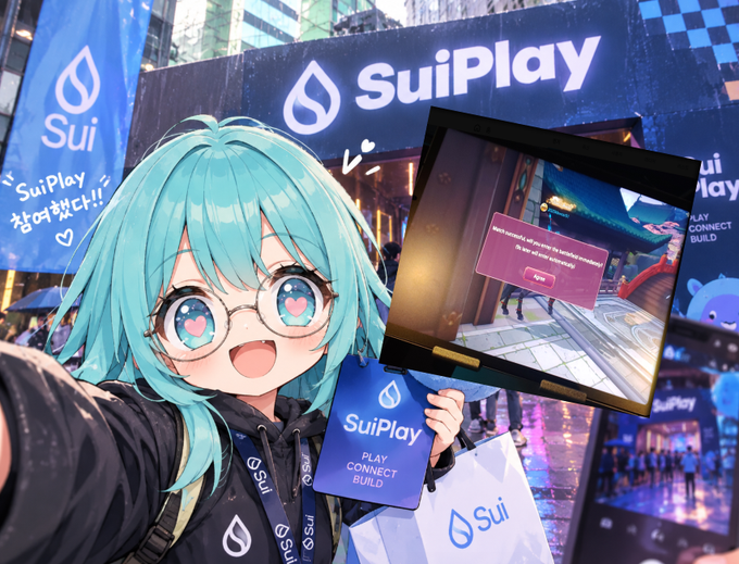 An anime-styled image of a character with cyan hair and heart-shaped eyes at a SuiPlay event, holding a screen displaying a game interface.