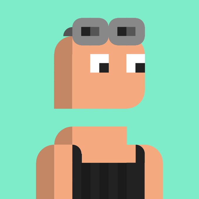 A minimalist cartoon character with tan skin, wearing sunglasses on their head and a black tank top, set against a solid teal background.