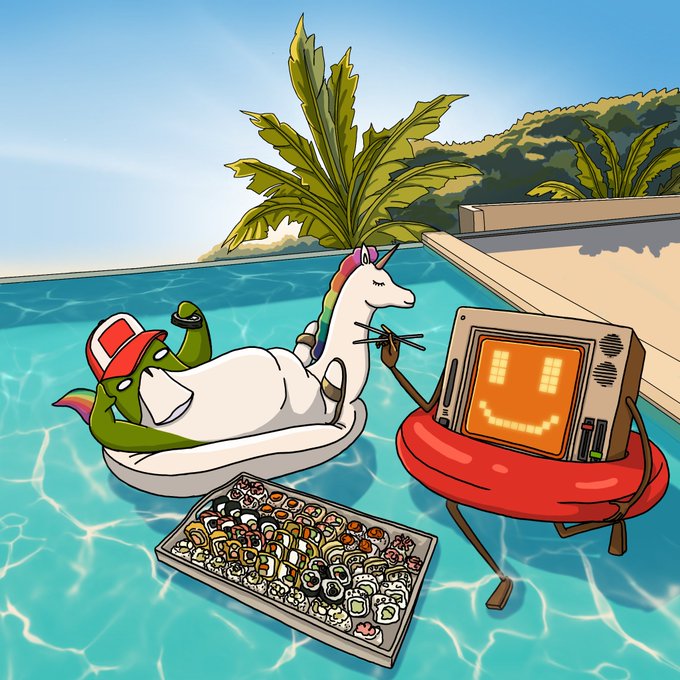 A pink unicorn float and a retro TV with a smiley face relax in a swimming pool beside a tray of sushi, enjoying a leisurely summer day. The whimsical scene mirrors the post's carefree spirit, where the $BNKR bot is metaphorically "chilling" while offering a free mint of 111 NFTs via Manifold.