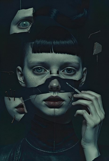 A surreal portrait of a woman whose face is fragmented into floating pieces, including detached eyes and lips, with her hands appearing to assemble the puzzle-like shards.