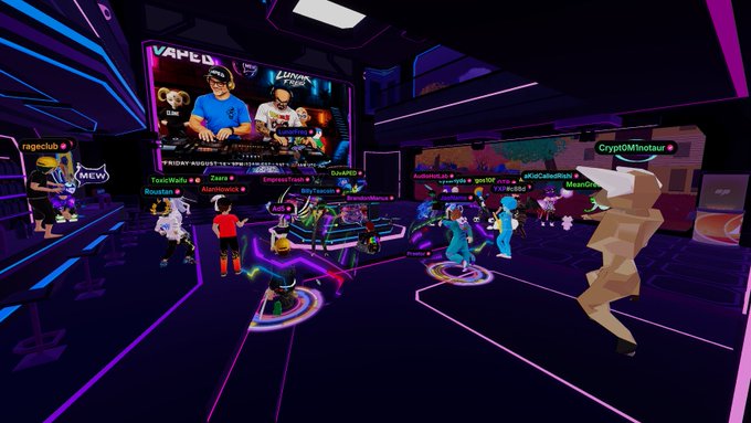 A screenshot of a virtual reality club environment (VRChat) with neon purple lighting, showing multiple user avatars gathered around a stage displaying an image of two men, with a large muscular avatar in the foreground.