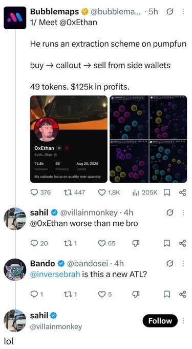 A Twitter/X thread by @bubblemaps exposing an extraction scheme on pumpfun by @0xEthan involving 49 tokens and $125k in profits, with replies from @villainmonkey and @bandosei.