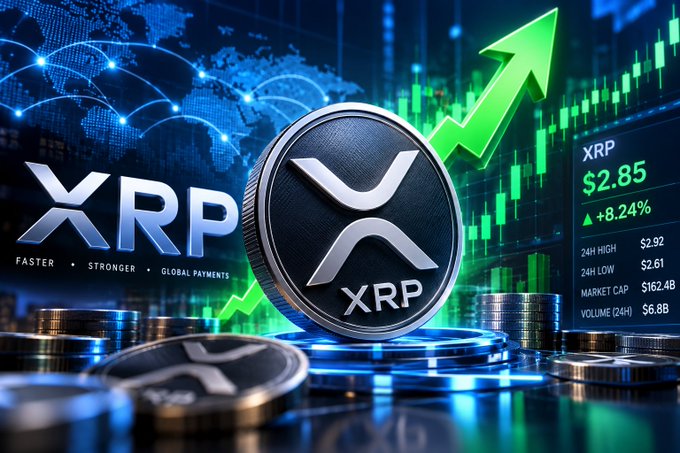 A cryptocurrency promotional graphic for XRP showing a silver coin with the XRP logo, the tagline 'FASTER • STRONGER • GLOBAL PAYMENTS,' and price data showing XRP at $2.85 with a +8.24% gain against a backdrop of green candlestick charts and a rising arrow.