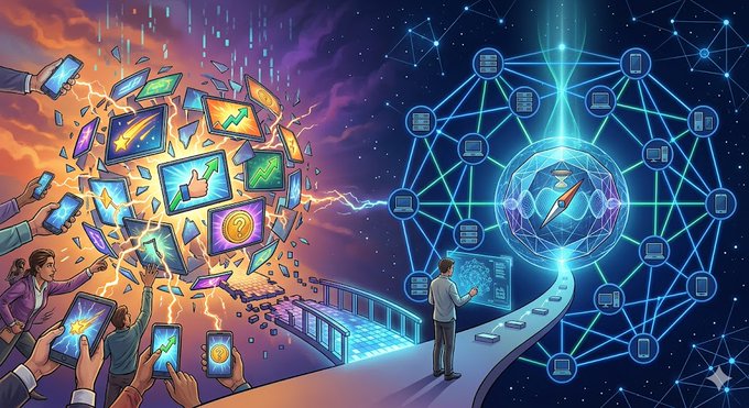The image features a man standing next to a large, colorful globe that has various objects on it, including cell phones and other electronics. The scene also includes a group of people surrounding the globe, with some holding their cell phones up towards the sky. The overall atmosphere suggests an event or gathering related to technology or communication.