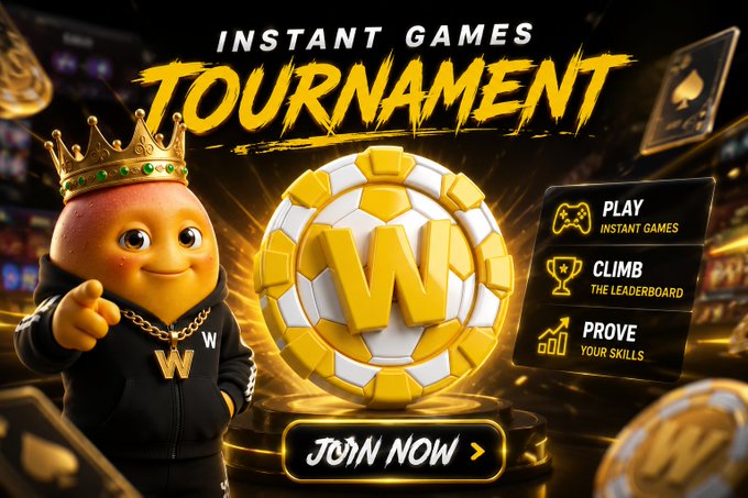 A promotional graphic for an 'INSTANT GAMES TOURNAMENT' featuring a crowned emoji mascot, a large 'W' coin, and options to PLAY, CLIMB, and PROVE skills.