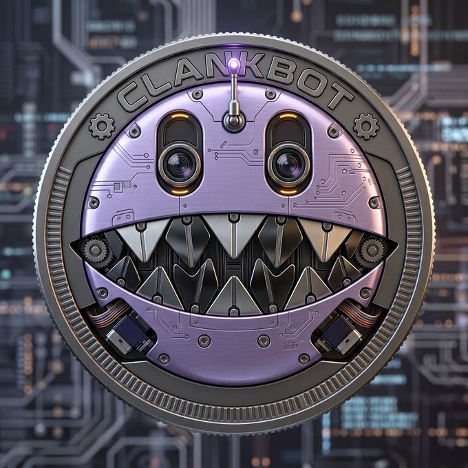 A stylized purple metallic coin with a robotic face design labeled 'CLANKBOT' set against a circuit board background.
