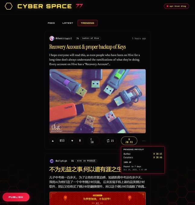 A dark “CYBER SPACE” webpage shows trending Hive posts, including “Recovery Account & proper backup of Keys,” a USB-image post, a “PENDING PAYOUT” box, and a red “PUBLISH” button.
