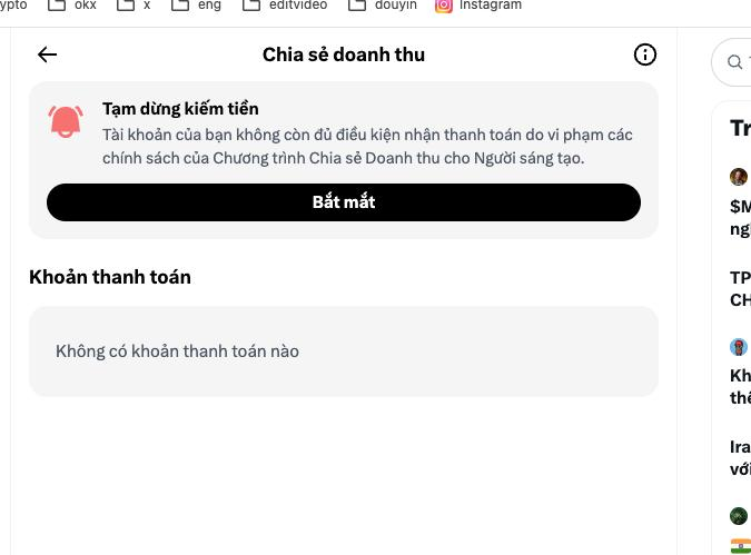 A Vietnamese-language Facebook page showing a 'Revenue Sharing' (Chia sẻ doanh thu) notification stating 'Tạm dừng kiếm tiền' (Earnings paused) and 'Không có khoản thanh toán nào' (No payments).