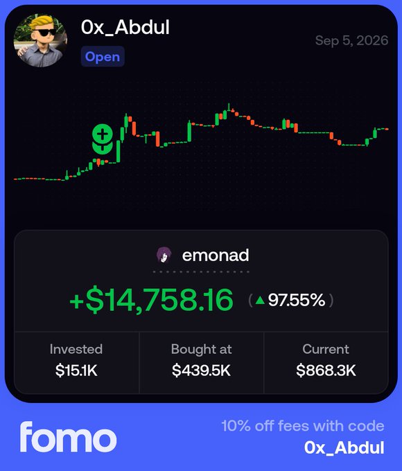 A Fomo app screenshot displaying a trading card for user '0x_Abdul' showing a +$14,758.16 (97.55%) gain on emonad, invested $15.1K with current value at $868.3K, dated Sep 5, 2026.