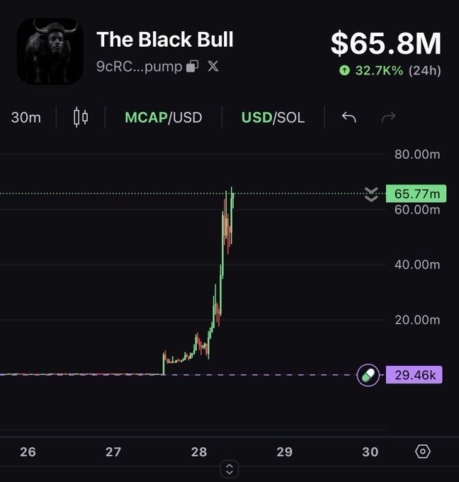 A trading chart for 'The Black Bull' token (9cRC...pump) showing a market cap of $65.8M with a 32.7% increase over 24 hours.