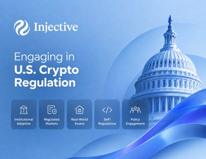 A promotional banner for 'Injective' titled 'Engaging in U.S. Crypto Regulation' featuring the U.S. Capitol dome, with icons highlighting Institutional Adoption, Regulated Markets, Real-World Assets, DeFi Regulations, and Policy Engagement.
