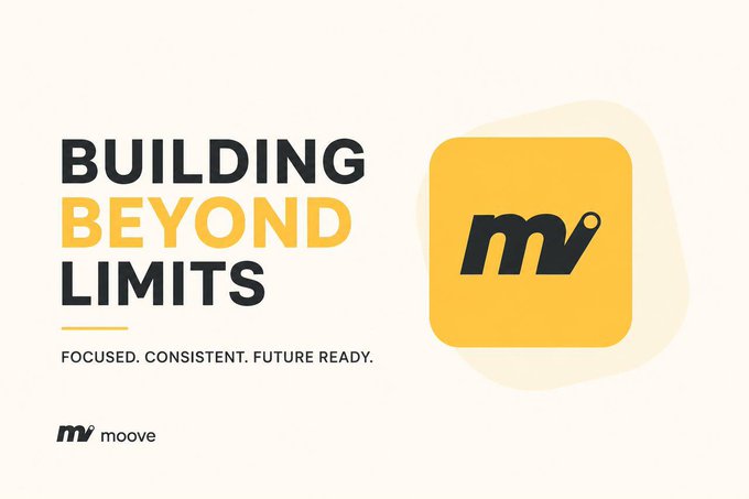 A promotional graphic for 'moove' featuring the text 'BUILDING BEYOND LIMITS' in bold black and yellow lettering, with the tagline 'FOCUSED. CONSISTENT. FUTURE READY.' and the company's 'mv' logo inside a yellow square.