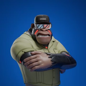 A 3D rendered character with exaggerated muscular arms, wearing a green jacket, sunglasses, and a "LEGION" cap, posing against a blue background.