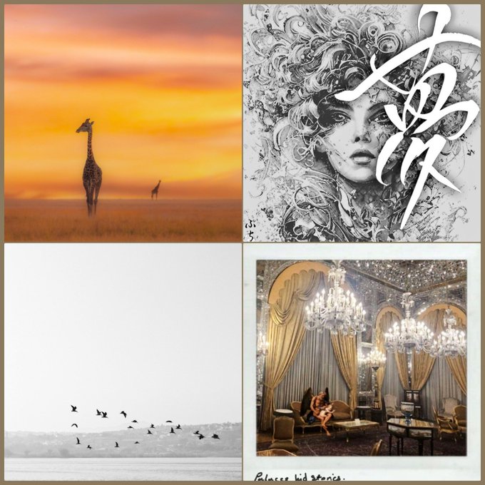 A four-panel art collage featuring a giraffe silhouette at sunset, a detailed female face with flowing hair, birds flying over water, and an ornate chandelier-filled room labeled 'Palace Kid Stories'.