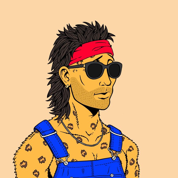 A cartoon illustration of a man with yellow leopard skin, wild black hair, a red bandana, dark sunglasses, and blue overalls.