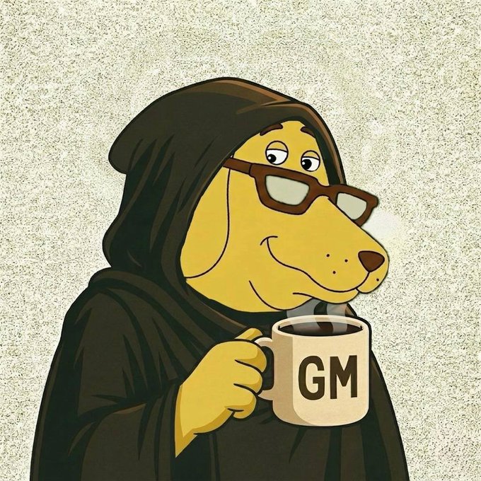 A cartoon yellow dog wearing a black hood and glasses holds a white mug labeled “GM.”