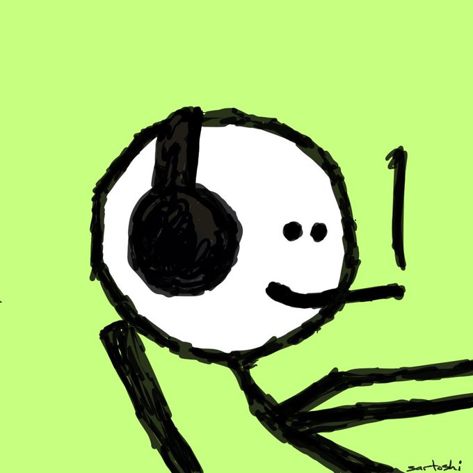 A stick-figure style drawing of a smiling character wearing headphones on a green background, signed 'sartoshi'.