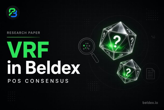 A dark research paper cover for Beldex displays 'VRF in Beldex — POS CONSENSUS' with green glowing 20-sided dice bearing question marks, branded with 'beldex.io' at the bottom right.