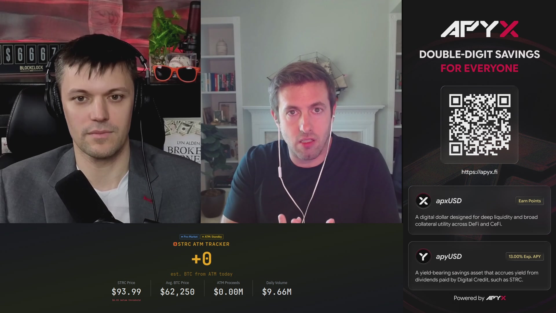 The image shows a screen with two men sitting behind microphones, likely participating in an online gaming event or streaming session. The background of the image features a banner that reads "Double-digit savings for everyone" and includes a list of items such as "strategy", "pre-market", "SATA", and "double-digit yield".