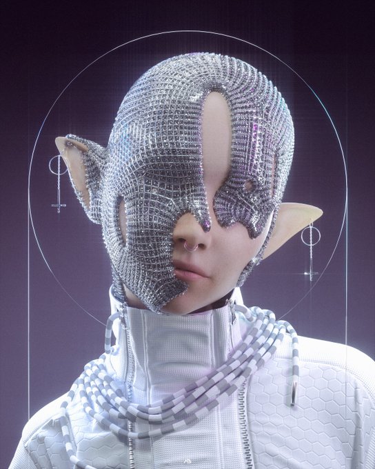 A futuristic portrait features a person wearing an elaborate silver mirrored headpiece with pointed elf-like ears and a matching white textured outfit.