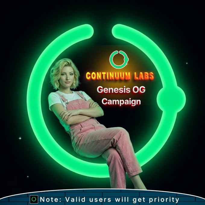 Promotional graphic for "CONTINUUM LABS Genesis OG Campaign" featuring a woman in pink overalls seated within a glowing green circular frame, with a note at the bottom stating "Valid users will get priority".