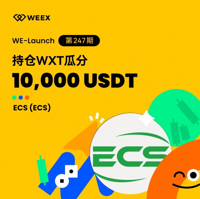 A yellow promotional graphic for 'WEEX' advertises 'WE-Launch 第247期 特色WXT瓜分 10,000 USDT' for ECS (ECS) cryptocurrency, featuring cartoon mascot illustrations.