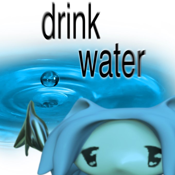 A blue, cat-like 3D animated character looks up at a water droplet, with the text 'drink water' displayed prominently above.