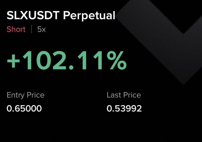 A short position on the SLXUSDT Perpetual with 5x leverage shows a +102.11% gain, with the entry price at 0.65000 dropping to a last price of 0.53992—illustrating the profit captured from correctly timing the delayed token unlock and avoiding extra funding fees.