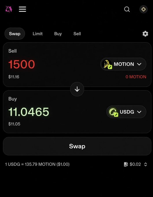 A cryptocurrency swap interface shows a sell of 1500 MOTION tokens for 11.0465 USDG, with a conversion rate of 1 USDG = 135.79 MOTION.
