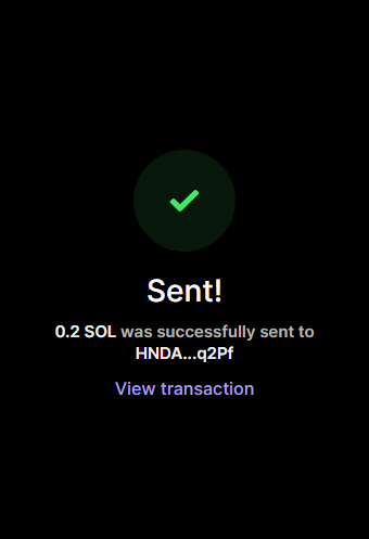 A confirmation screen displays a green checkmark with the message "Sent! 0.2 SOL was successfully sent to HNDA...q2Pf" along with a "View transaction" link, serving as proof of a 0.2 SOL transfer. This transaction confirmation supports the post's call to check SOL wallet activity, providing evidence of a completed send.