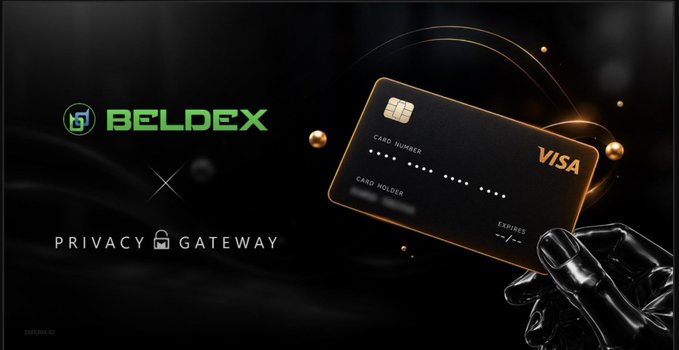 A promotional banner for BELDEX featuring their logo, 'PRIVACY GATEWAY' text, and a black Visa credit card being held by a robotic hand.