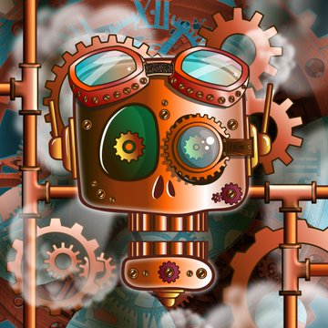 A steampunk-style skull robot with goggles and gears is displayed against a backdrop of mechanical cogs, fitting the "Bored Skull Artists" NFT art reference and the celebratory tone of a successful sale announcement.