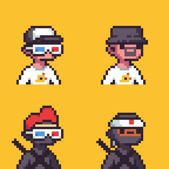 The image features four characters, each wearing glasses and masks while standing in front of a bright yellow background that matches the color scheme of the GM Yellow post. There are no texts or other objects present in the image, so the focus on what is depicted within the image should highlight its relevance to the given content.