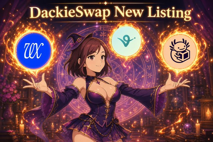 An anime-style witch presents three glowing orbs under the banner "DackieSwap New Listing," featuring logos for ZCC, Vulture, and a smiling cube character.
