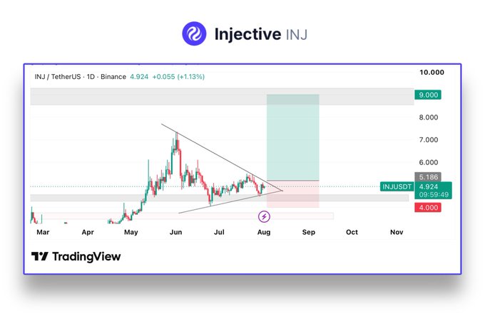 A TradingView chart of Injective (INJ/USDT) showing a descending triangle pattern forming between May and August 2025, with price coiling at the ~$4.92 support level for a potential breakout toward the $9 target highlighted in green. The chart visually supports the post's thesis that INJ is compressing within a triangle and could rally to $9 on a breakout, accompanied by a noted 30-day fees gain of +40% to $46.2K signaling growing network usage.