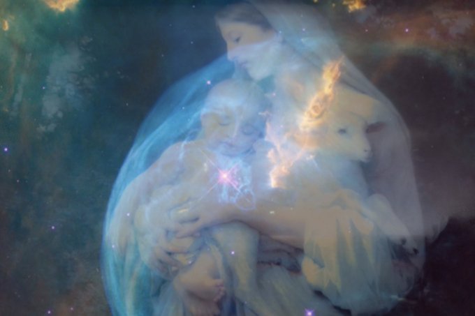 A cosmic, ethereal image features a translucent figure resembling a Madonna holding a child, surrounded by nebulas and starlight against a deep space backdrop.