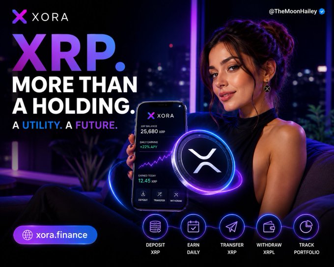 A promotional graphic for XORA (@TheMoonHalley, xora.finance) features a woman holding a smartphone displaying the XORA app, which shows a USR Balance of 25,680 XRP, +22% APY Daily Earnings, and 12.45 XRP Earned Today, alongside features for Deposit XRP, Earn Daily, Transfer XRP, Withdraw XRPL, and Track Portfolio—reinforcing the post's message that XORA is built around the XRP ecosystem.