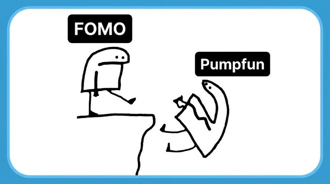A cartoon depicts a figure labeled "FOMO" standing at the edge of a cliff, pushing another figure labeled "Pumpfun" off the edge, illustrating the post's criticism of the Pump.fun founder for burning $400 million in tokens while failing to deliver a community airdrop and now attempting to bribe users back to the platform.