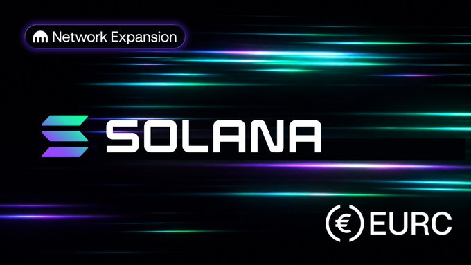 A promotional graphic featuring the Solana logo with 'Network Expansion' label in the top left and 'EURC' branding in the bottom right, set against a colorful streaked background.